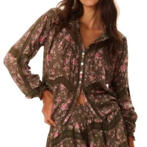 LoveShackFancy Ravelle Floral Lace Button Down Blouse | Bancha Green | Size S